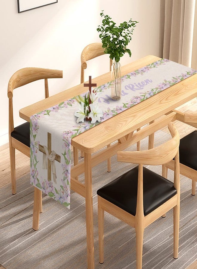 Pudodo He is Risen Table Runner Easter Christian Cross Resurrection Lily Flower Spring Holiday Party Kitchen Dining Home Decor - Image 3
